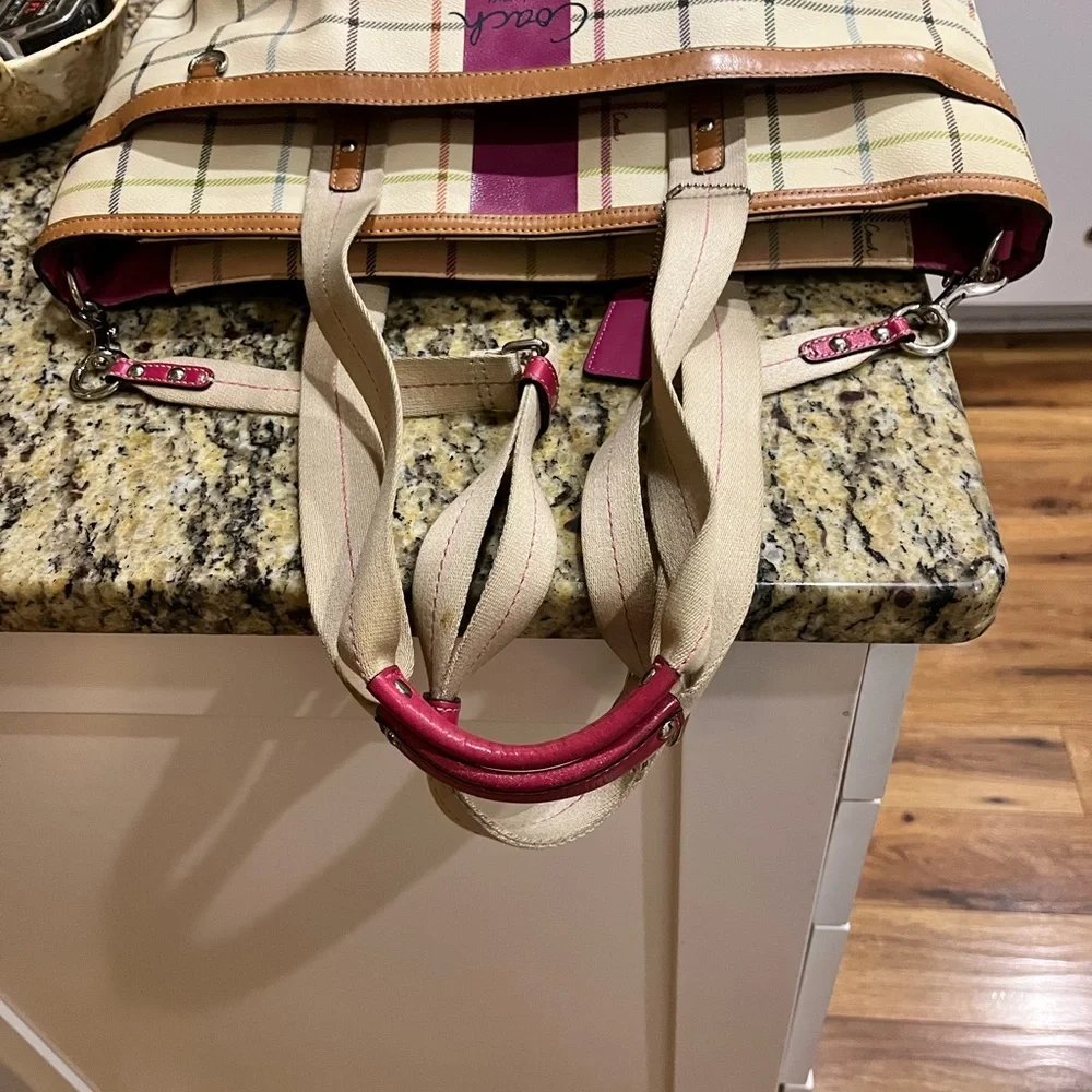 Coach Beige Plaid Canvas Laptop Tote with Pink Accent